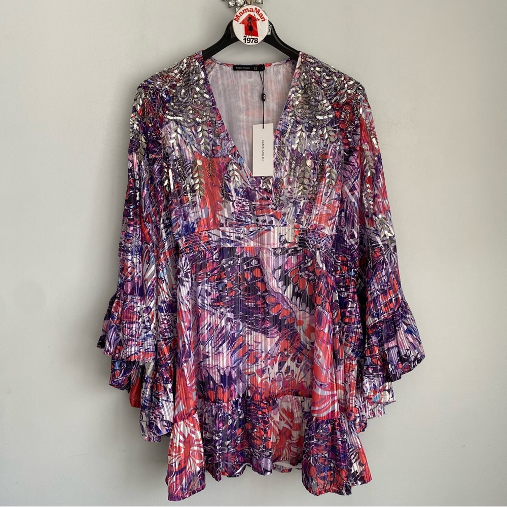NEW Karen Millen Beaded Embellished Drama Kimono Woven Dress Size 10 Pink Purple